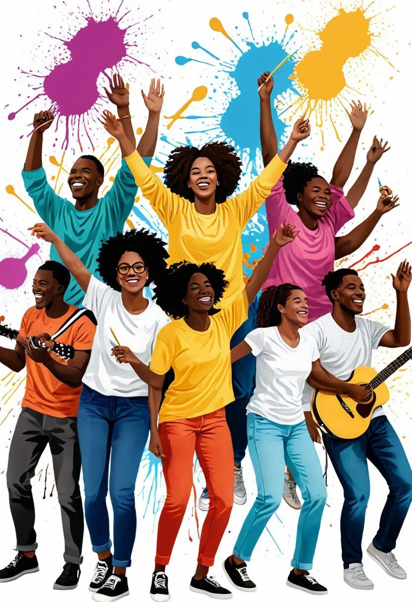 A vibrant illustration showcasing a diverse group of individuals expressing joy through various creative outlets, such as painting, dancing, and playing music. Each person should display unique features representing neurodiversity, with colorful backgrounds that radiate positivity and inclusivity. Incorporate symbols of creativity like paint splashes and musical notes. super-realistic. vibrant colors. white background.